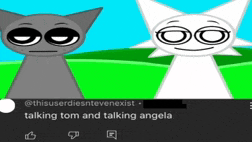 two cartoon cats are standing next to each other and talking to each other