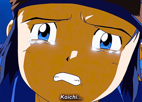 a close up of a crying anime character with the words koichi written on the bottom