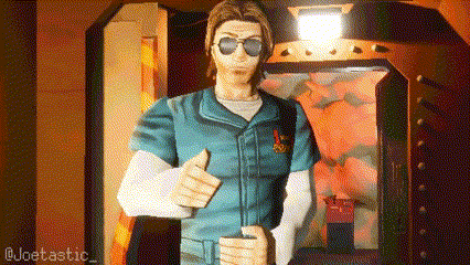 a pixelated image of a man wearing sunglasses and a blue shirt giving a thumbs up