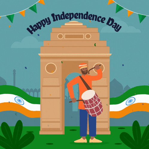 a man playing a drum in front of a building with the words happy independence day