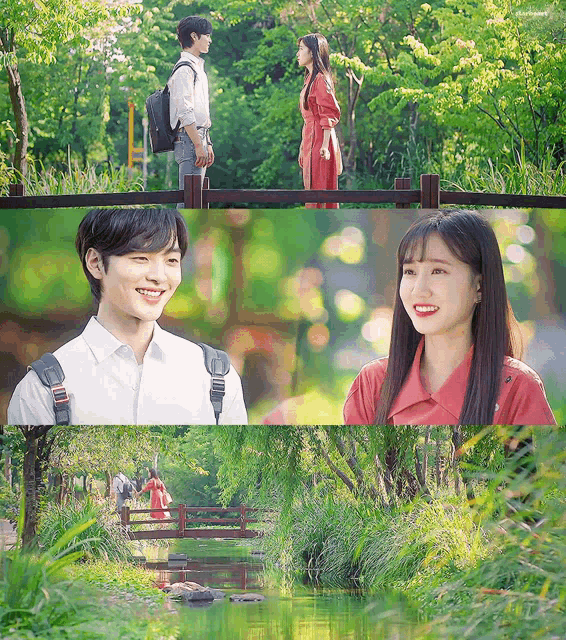 a man and a woman are standing next to each other in a park near a river