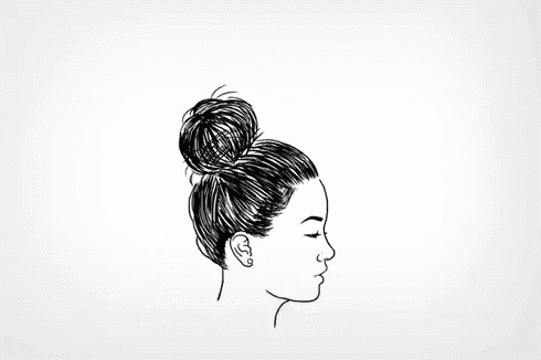 a black and white drawing of a woman 's head with a ponytail