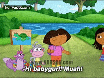 a cartoon of dora the explorer standing next to a sign that says hi babygirl