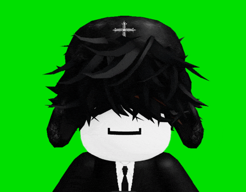 a cartoon character with black hair and a cross on his hat