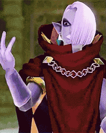 a cartoon character with purple hair and a red cape is giving the peace sign