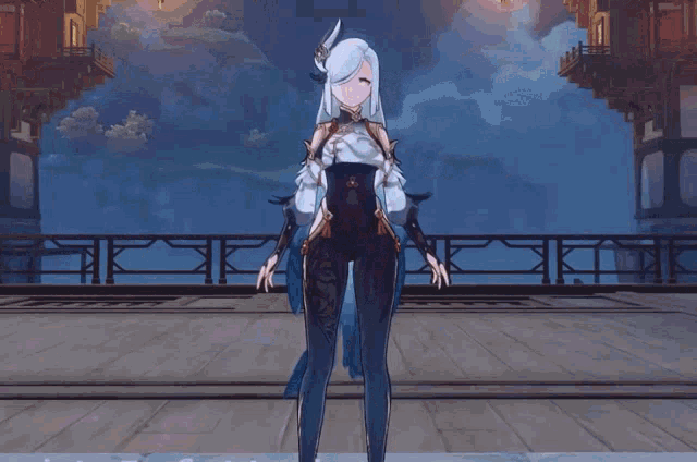 a video game character is holding a spear with a lightning bolt behind her