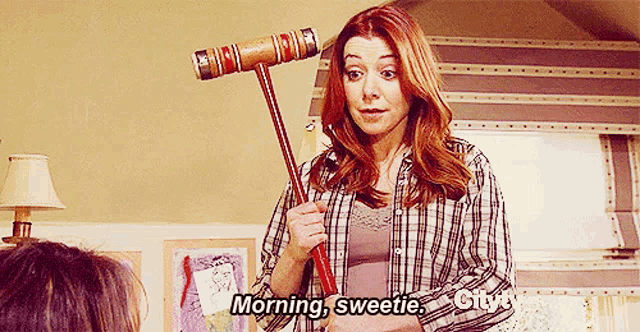 a woman in a plaid shirt holds a mallet and says morning sweetie