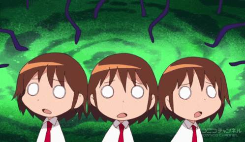 three cartoon characters are standing next to each other in front of a green background that says ニコニコチャンネル