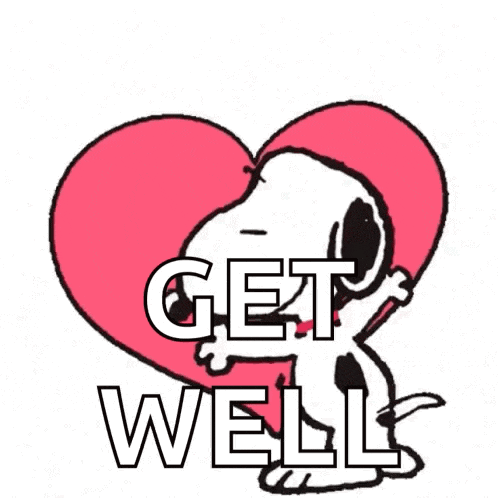 a cartoon of snoopy holding a heart with the words get well on it