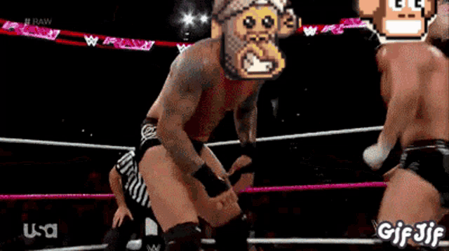 a wrestler in a monkey costume is jumping in a wrestling ring while a referee watches