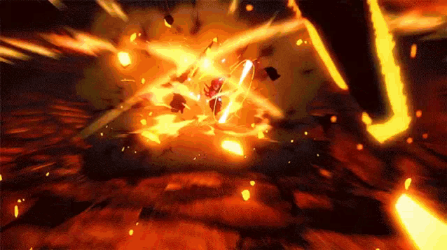 a person is flying through a fire filled room in a video game with a sword .