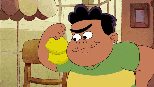 a cartoon character is flexing his muscles and holding a lemon