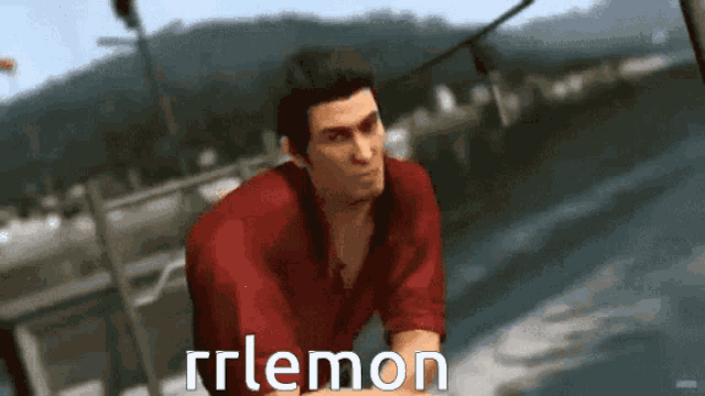 a man in a red shirt is standing in front of a body of water with the words rrlemon written on the bottom