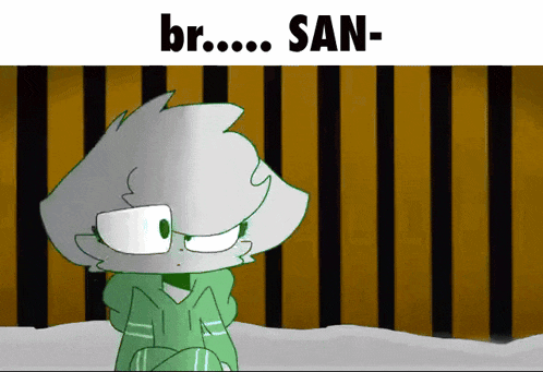 a cartoon character is sitting in front of a yellow and black striped wall with the words br san written on it