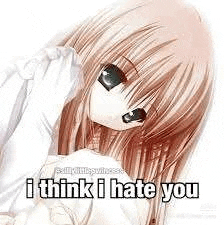 a girl with long hair and black eyes is holding a white shirt and says `` i think i hate you '' .