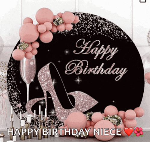 a sign that says " happy birthday niece " is surrounded by pink balloons