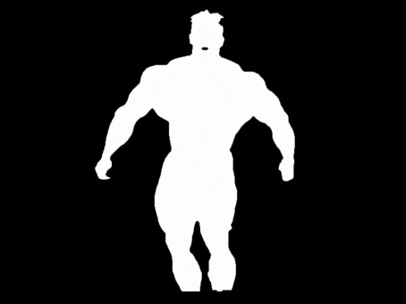 a white silhouette of a muscular man is standing on a black background .