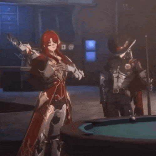 a woman in armor stands in front of a pool table with her arms outstretched