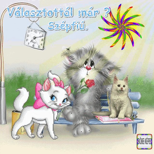 a cartoon of two cats sitting on a bench with the words " valasztotttal mar szepiu " on the top