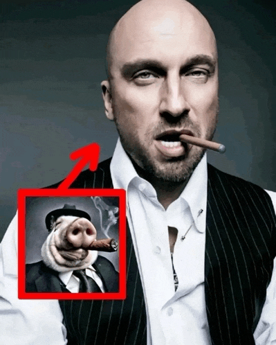 a man smoking a cigar next to a picture of a pig with a big nose