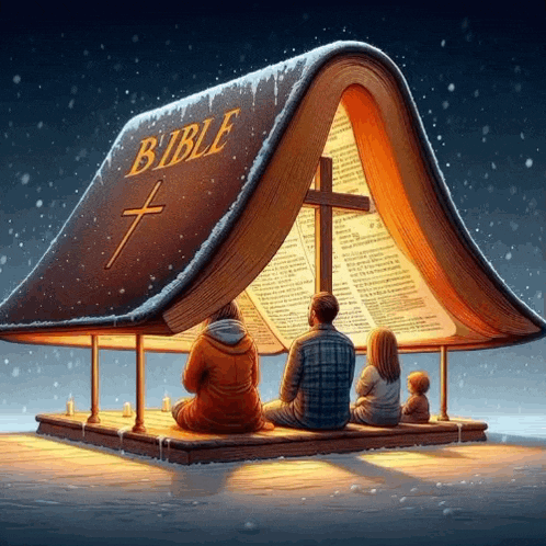 a family sits under a bible with a cross