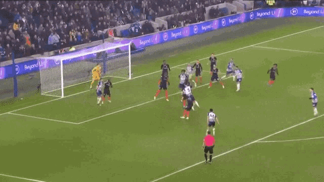 a soccer game is being played on a field with beyond limits banners