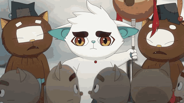 a group of cartoon cats standing around a white cat holding a stick