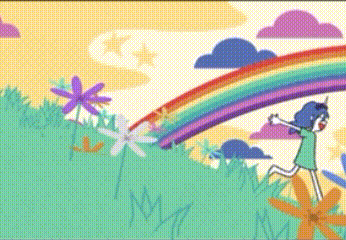 a girl with a unicorn horn is running under a rainbow in a cartoon .