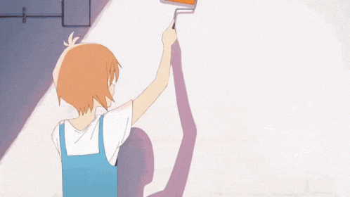 a girl in blue overalls is painting a large letter d on a white wall