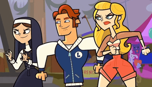 three cartoon characters are standing next to each other and one of them has a letter l on his jacket