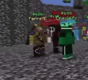 a group of minecraft characters are standing next to each other on the ground .