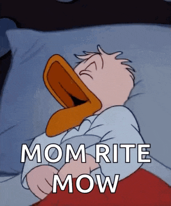 donald duck is sleeping in bed with his mouth open and the words mom rite mow written on the bottom .