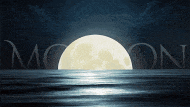a full moon rises over the ocean with the word moon in the background