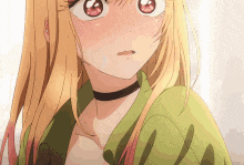 a close up of a girl with blonde hair and red eyes wearing a choker .