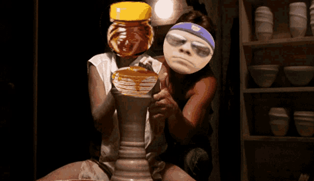 a woman is holding a jar of honey while another woman holds a pancake