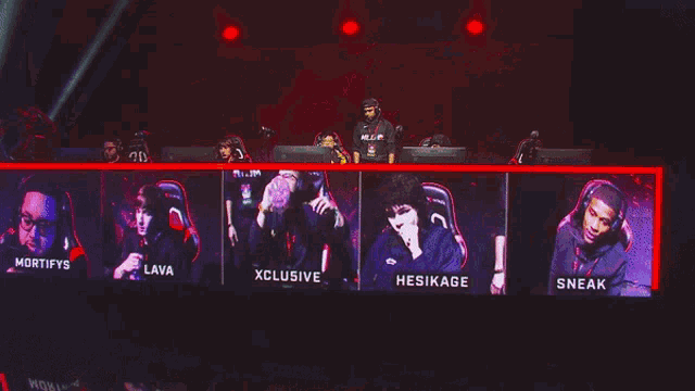 a group of people are sitting in front of a screen with their names on it including mortifys lava xclusive hesikage and sneak
