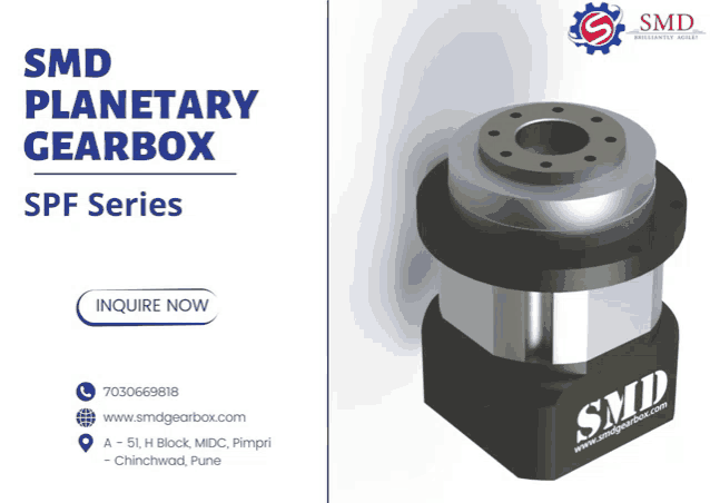 an ad for smd planetary gearbox spf series with a picture of a gearbox