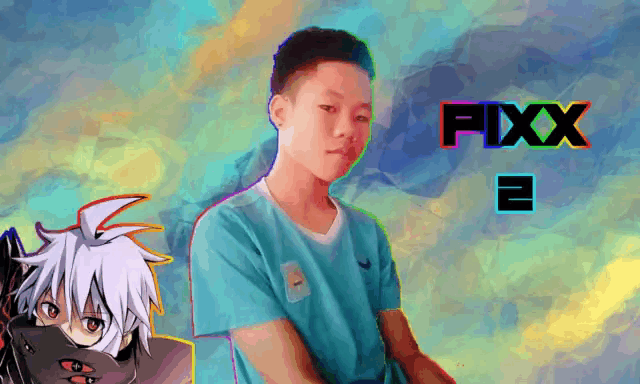 a man in a blue shirt is standing in front of a cartoon character and the word fixx is above him