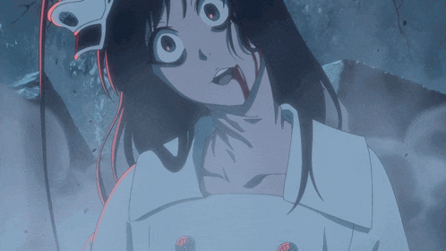 a girl with a white mask on her head has blood coming out of her neck