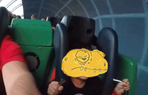 a child is riding a roller coaster with a drawing of a hamburger on his head