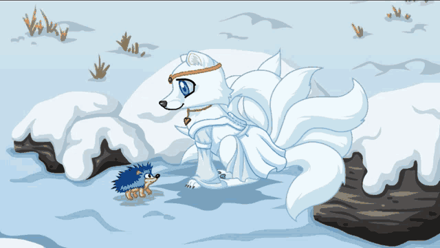 a cartoon drawing of a white wolf and a hedgehog