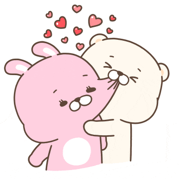 a cartoon of a rabbit and a bear kissing with hearts flying around them