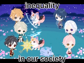 a group of anime characters are standing next to each other with the words inequality in our society written above them .