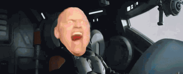 a man with a bald head is sitting in a car with his mouth wide open