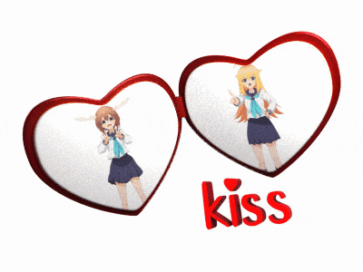 two heart shaped mirrors with the word kiss in red
