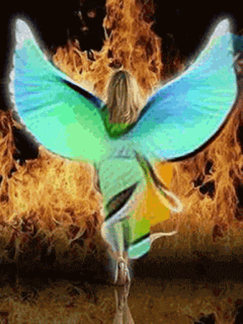 a woman with blue and green wings is standing in front of flames