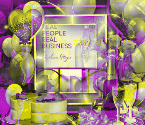 a sign that says real people real business is surrounded by purple balloons