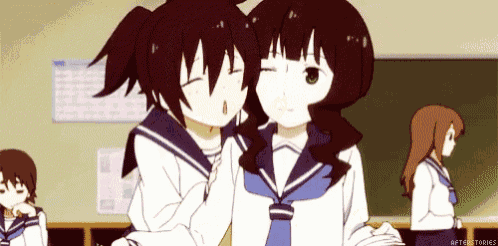 two anime girls in school uniforms are standing next to each other in a classroom .