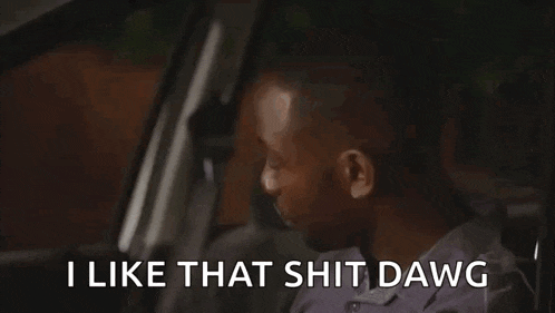 a man is sitting in a car with the words `` i like that shit dawg '' written on the screen .