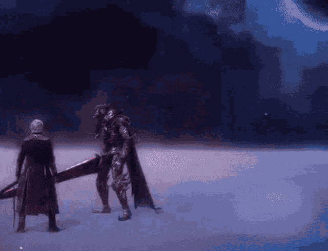 a man holding a sword stands next to another man holding a sword .